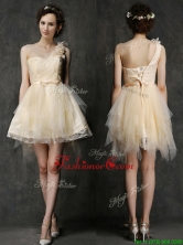 2016 Gorgeous One Shoulder Short Prom Dress with Belt and Hand Made Flowers BMT0119DFOR