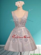 2016 Modest Deep V Neckline Grey Prom Dress with Appliques and Belt BMT0124AFOR