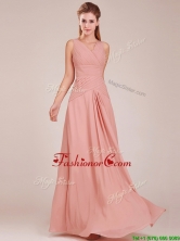 2016 Modest Ruched Decorated Bodice Peach Prom Dress with V Neck BMT0166BFOR