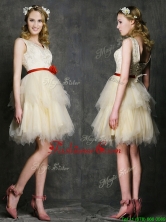 2016 Most Popular V Neck Short Prom  Dress with Belt and Ruffled Layers BMT0105CFOR