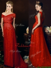 2016 Off The Shoulder Belted and Laced Prom Dress with Brush Train BMT0163FOR
