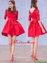 2016 Romantic Bowknot and Laced Scoop Half Sleeves Prom Dress in Red BMT0117FOR