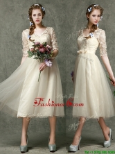 2016 Romantic V Neck Half Sleeves Prom Dress with Lace and Belt BMT097DFOR