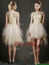 2016 See Through Scoop Champagne Prom  Dress with Appliques and Belt BMT0104AFOR