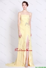 Beautiful Strapless Beaded and High Slit Prom Dresses in Yellow DBEE030FOR