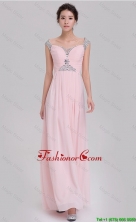 Elegant Empire Off The Shoulder Cap Sleeves Pink Prom Dresses with Beading DBEE013FOR