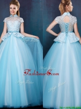 Elegant High Neck Cap Sleeves Prom Dress with Bowknot and Lace BMT090FOR