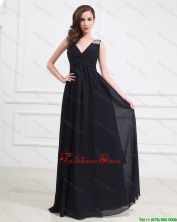 Simple Brush Train V Neck Beaded Prom Dresses in Black DBEE485FOR