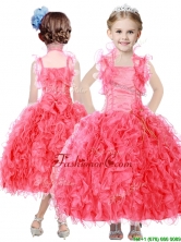 Beautiful Beaded and Ruffled Straps Little Girl Pageant Dress in Coral Red THLG076FOR