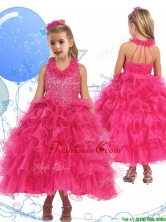 Latest Halter Top Beading and Ruffled Layers Little Girl Pageant Dress in Hot Pink THLG051FOR