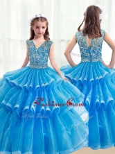 Pretty V Neck Baby Blue Little Girl Pageant Dresses with Ruffled Layers PAG222FOR    