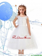 Top Selling Square Cap Sleeves Appliques Flower Girl Dress in White THLG060FOR
