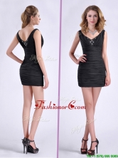 Modest Column V Neck Beaded Black Short Prom Dress THPD065FOR