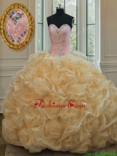 Luxurious Beaded Brush Train Champagne Quinceanera Dress in Rolling Flowers PSSW066FOR