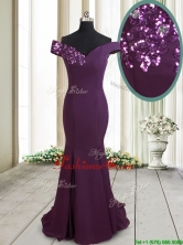 2017 Classical Mermaid Off the Shoulder Brush Train Sequined Prom Dress in Dark Purple PSSWPD052FOR