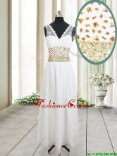 2017 Elegant Beaded and Laced V Neck Chiffon White Prom Dress in Ankle Length PSSWPD033FOR