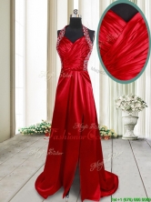2017 High Slit Beaded Decorated Halter Top Criss Cross Prom Dress in Elastic Woven Satin PSSWPD045FOR