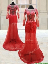 2017 Popular Scoop Laced Column Brush Train Red Prom Dress with Long Sleeves PSSWPD011FOR