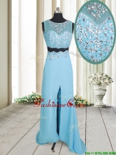 2017 Two Piece See Through Brush Train Aquamarine Prom Dress with Beading and High Slit PSSWPD050FOR