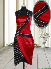 Column Halter Top Wine Red and Black Short Prom Dress in Elastic Woven Satin PSSWPD009FOR
