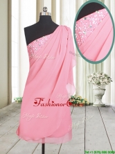 Cheap One Shoulder Chiffon Rose Pink Short Dama Dress with Beading PSSWPD039FOR