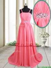 Cheap Straps Brush Train Beaded Chiffon Dama Dress in Watermelon Red PSSWPD043FOR