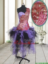 Discount One Shoulder Peacock Applique Ruffled Short Dama Dress in Asymmetrical PSSWPD038FOR