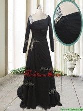Fashionable Asymmetrical Neck Brush Train Black Dama Dress with Long Sleeves PSSWPD032FOR
