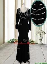 Pretty Column Scoop Pearled Backless Black Dama Dress with Long Sleeves PSSWPD049FOR